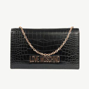 Love Moschino Black Croc-Embossed Faux-Leather Flap Crossbody